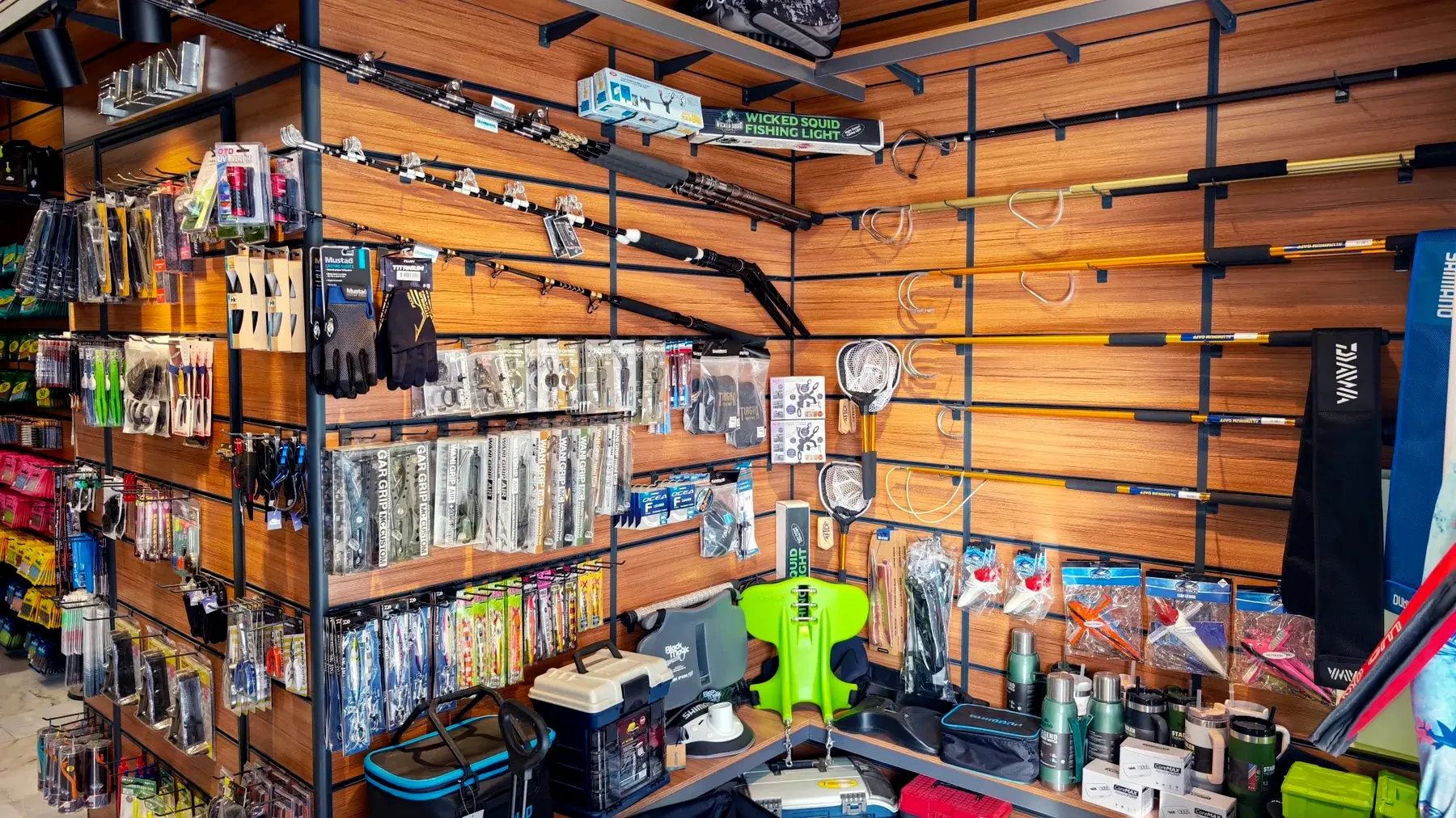Fishing tackle and accessories display in the Foçalı Av store